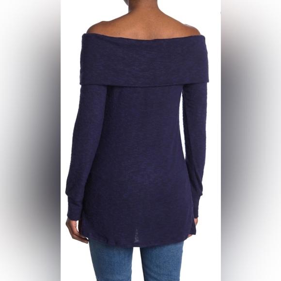Go Couture Navy Foldover Off-the-Shoulder Tunic Sweater Size Large NWT - Picture 3 of 11